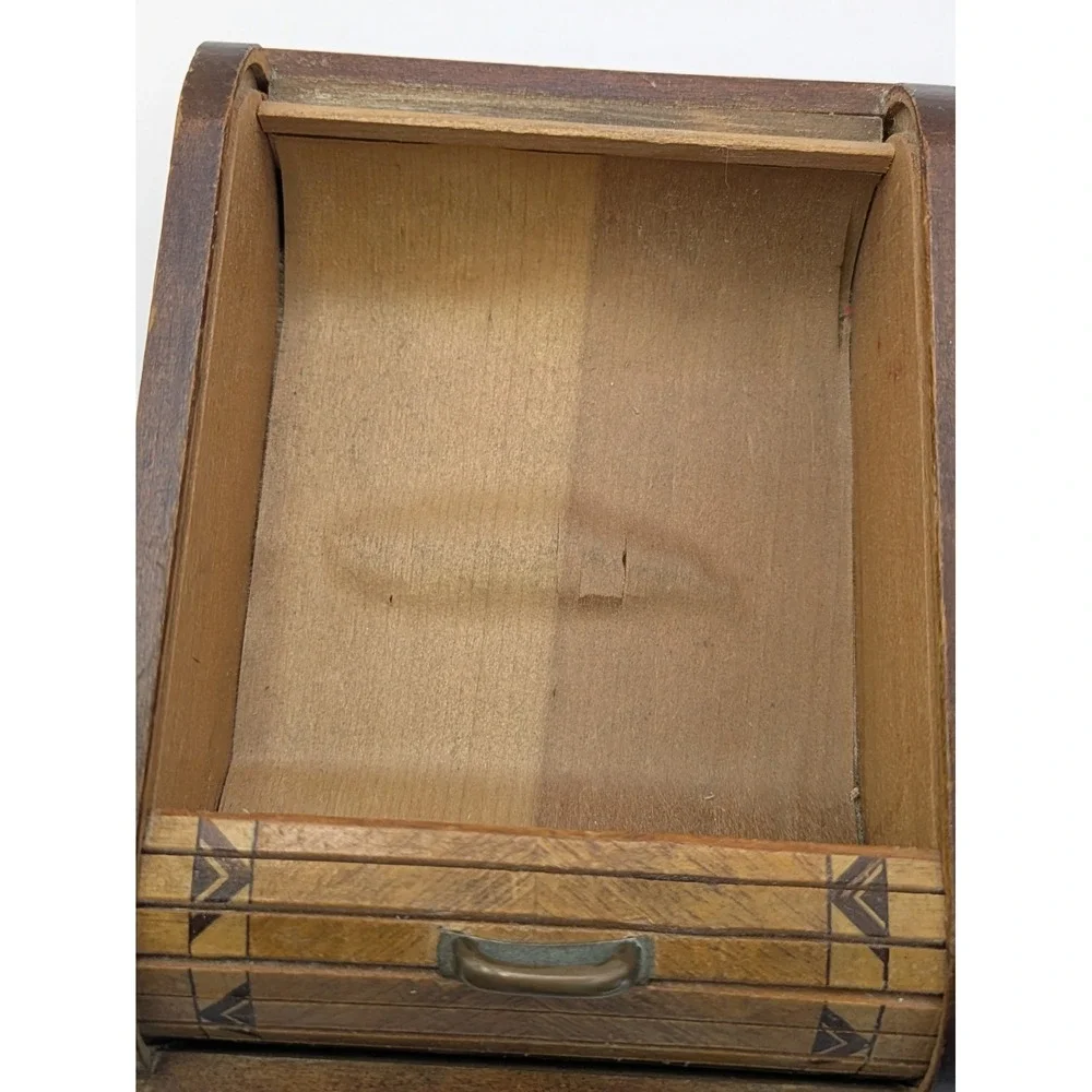Vintage Japanese Roll Top Box Cigarette Trinket Sailboat Wooden